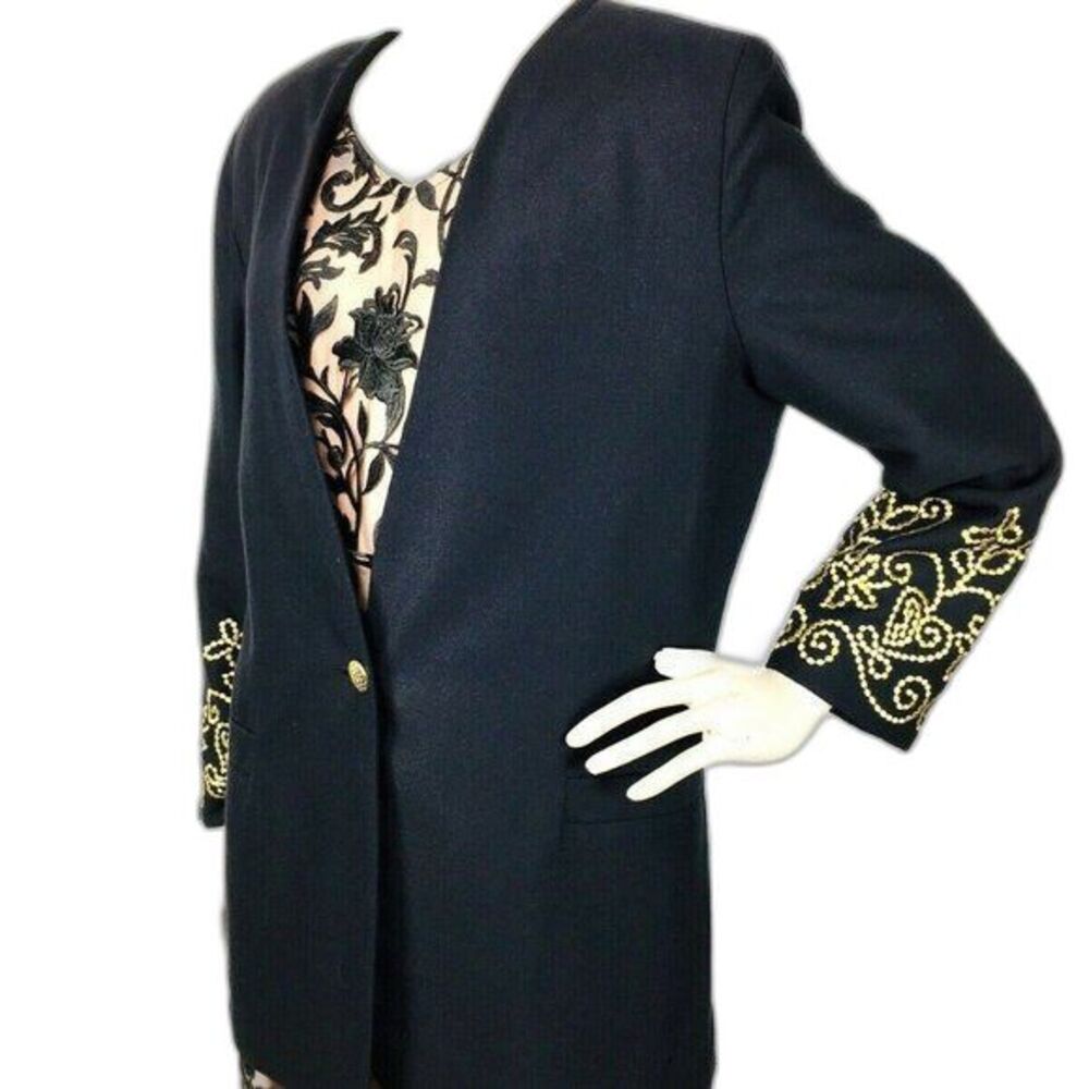 Vintage 80s Katie Brooke Black Gold Embroidered Cuffs Collarless Blazer
